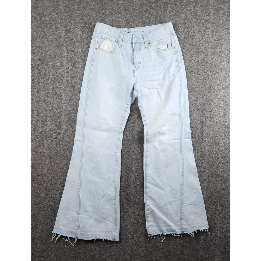 Old Navy Baggy Flare Jeans Women 12 Light Wash High Rise Raw Hem‎ Front Seam